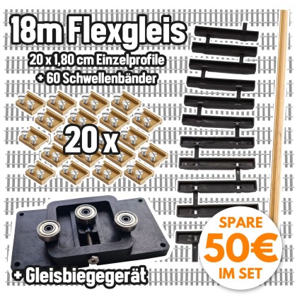 Gleis-Bau Set mit 18 m Gleisprofile Messing, 60 Flex-Schwellenbänder, 20 Schienenverbinder & GRATIS Gleisbiegegerät