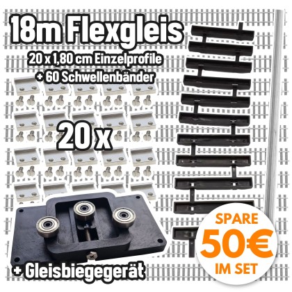 Gleis-Bau Set mit 18 m Gleisprofile vernickelt, 60 Flex-Schwellenbänder, 20 Schienenverbinder & GRATIS Gleisbiegegerät