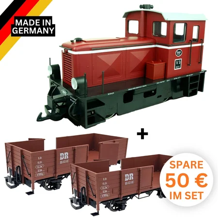 Diesellok V3 der DEV Set mit 2 offenen Güterwagen der DR Train Line 8200290