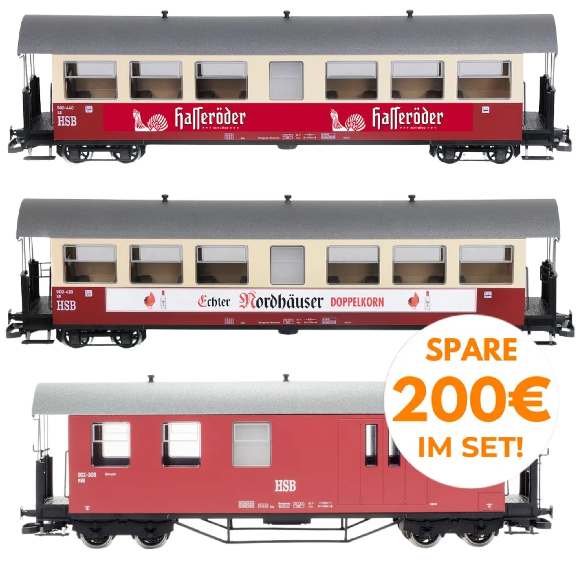 Train Line Werbewagen-Set HSB Spur G – Packwagen mit 2 Personenwagen mit Werbeaufschrift