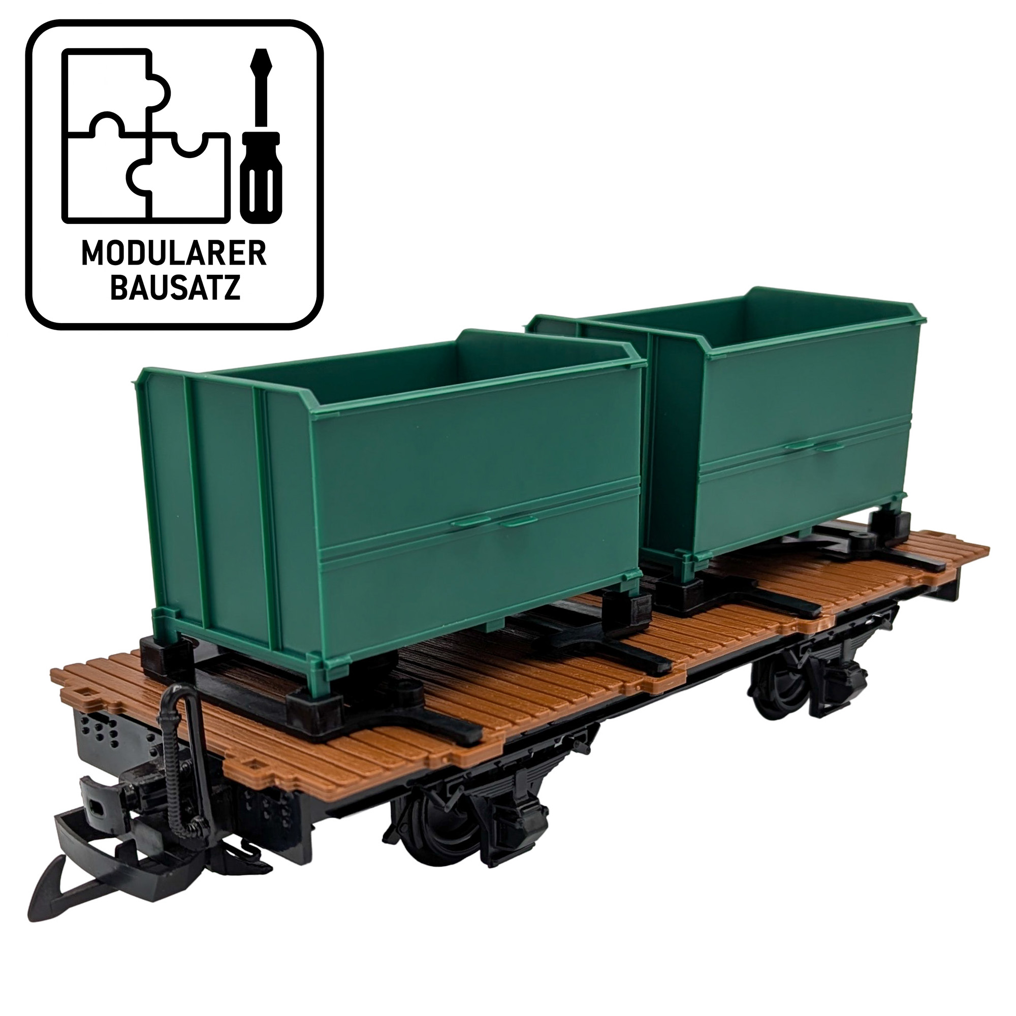 Träger-Flachwagen mit Doppel-Kastenlore grün als Bausatz Spur G ML-Train 88919387 