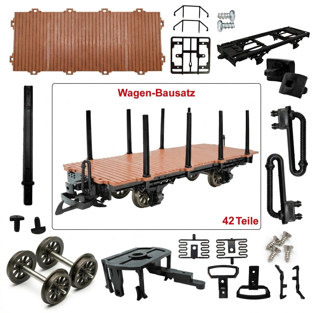 Rungenwagen Bausatz Spur G braun/schwarz mit Metall-Speichenradsätzen 31 mm – 42 Teile ML-Train 88923560