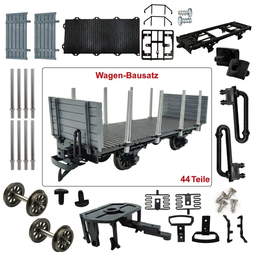 Rungenwagen Bausatz Spur G schwarz/grau mit Metall-Speichenradsätzen 31 mm –44 Teile ML-Train 88923600