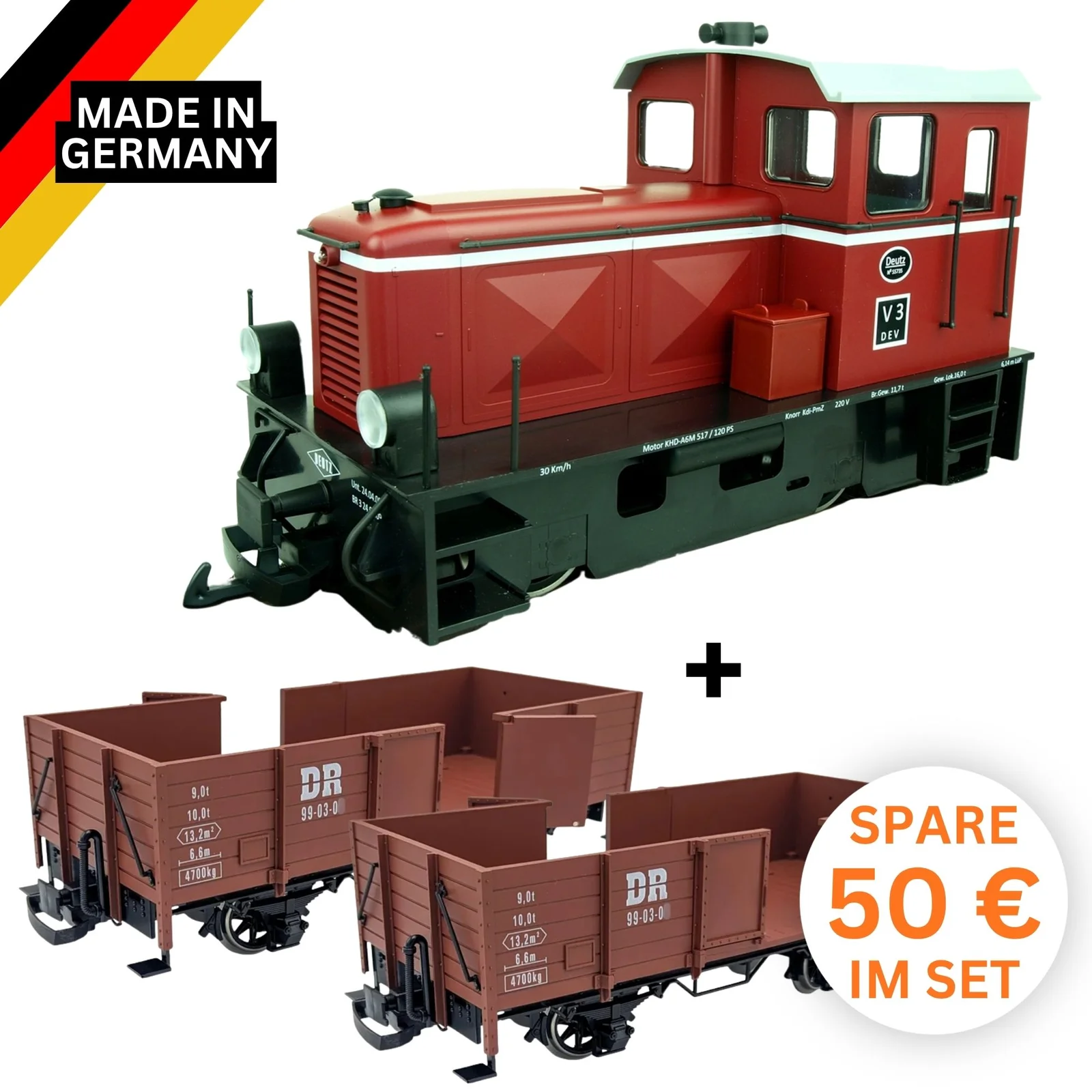 Diesellok DEV V3 Set mit 2 offenen DR-Güterwagen Spur G – Made in Germany Train-Line 8200290