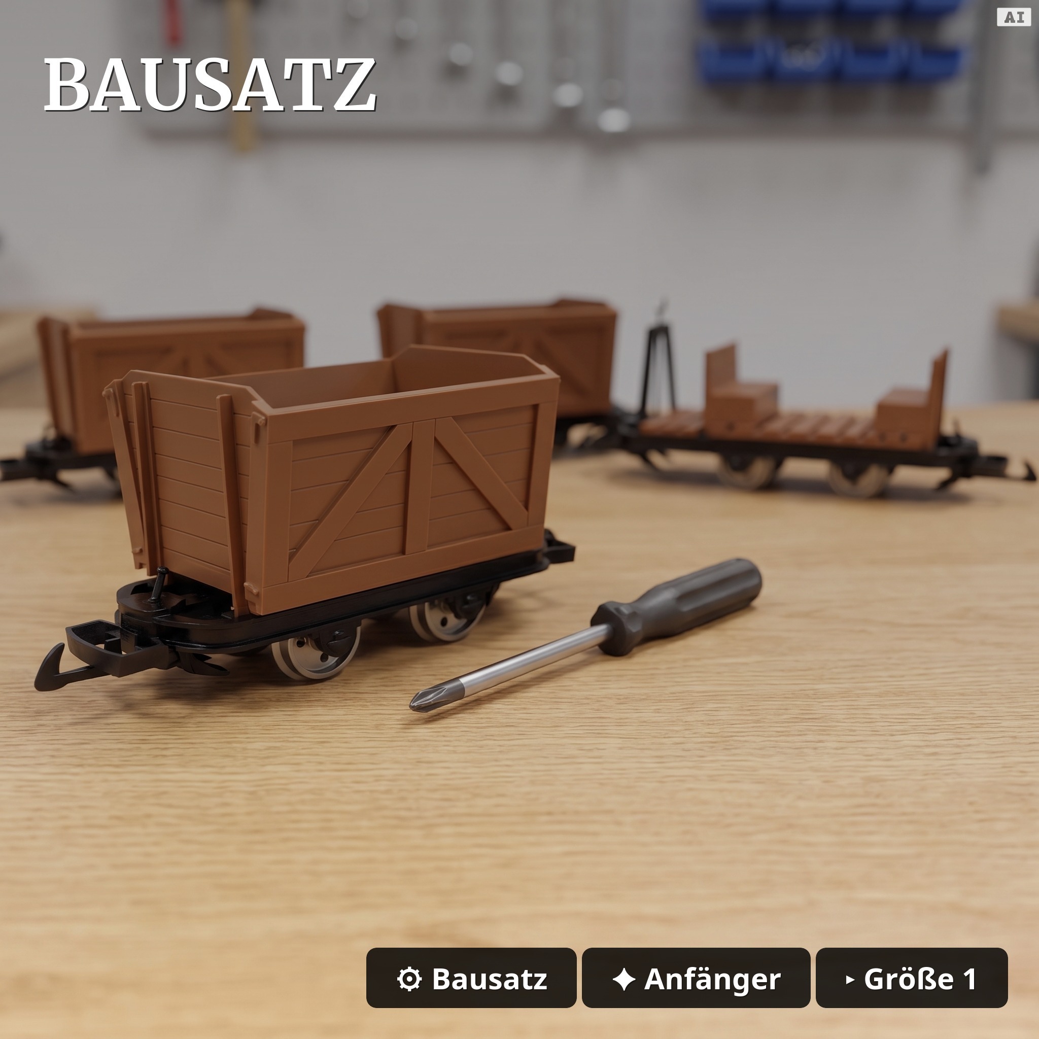 6er-Set Feldbahnwagen mit Lokführer Marius – 4 Torfloren und Mannschaftswagen Spur G Bausatz ML-Train 8200256 - Bausatz