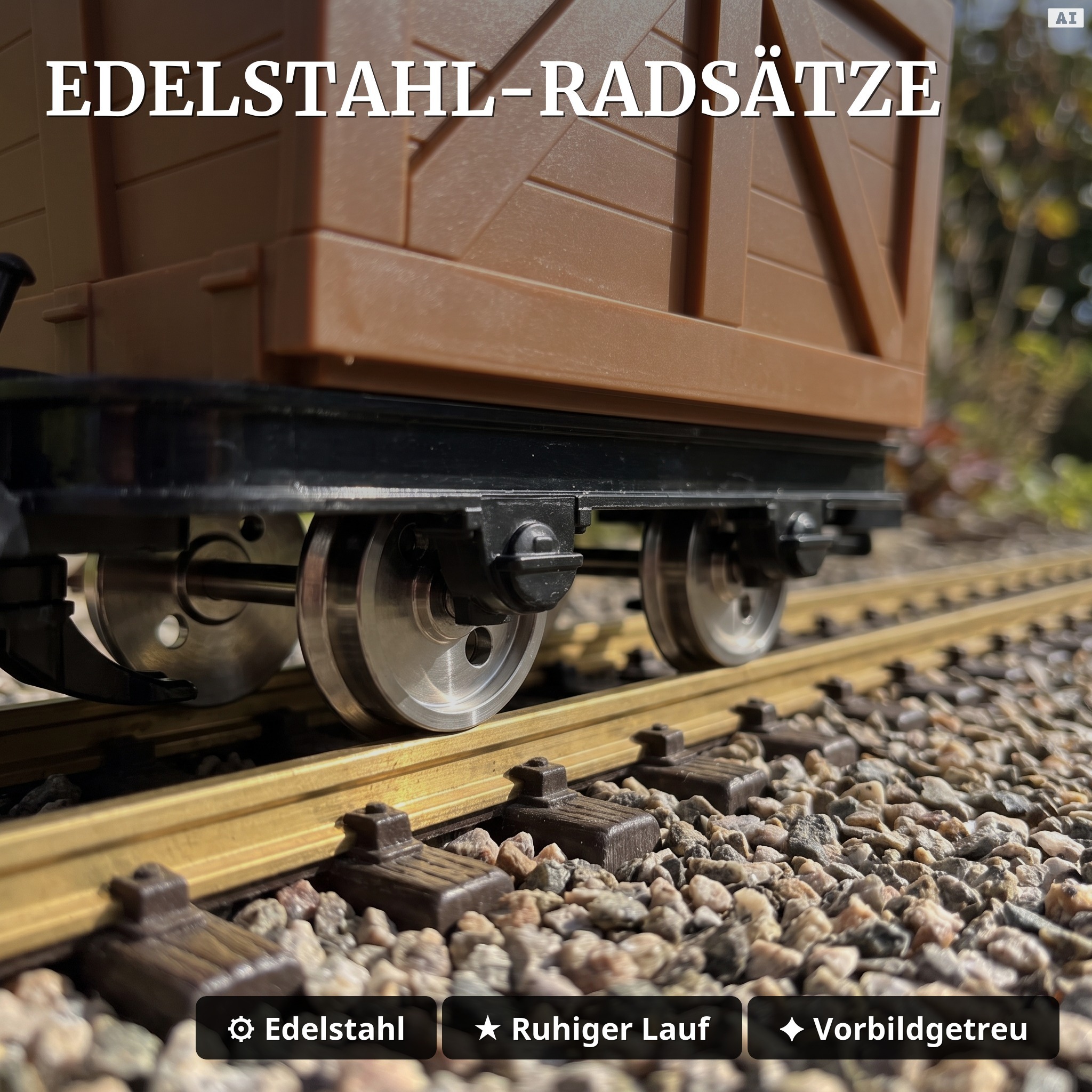 6er-Set Feldbahnwagen mit Lokführer Marius – 4 Torfloren und Mannschaftswagen Spur G Bausatz ML-Train 8200256 - Edelstahl-Radsätze