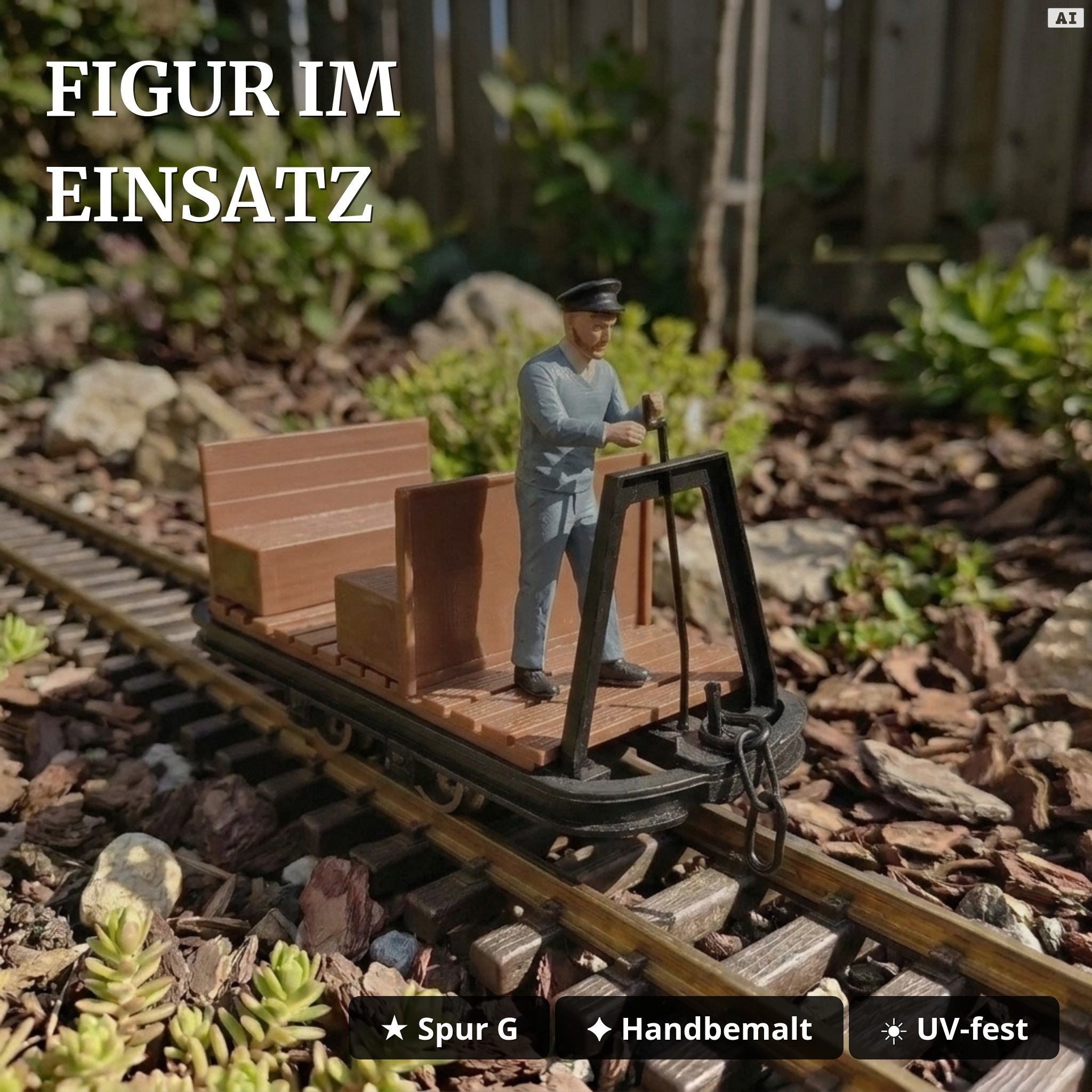 6er-Set Feldbahnwagen mit Lokführer Marius – 4 Torfloren und Mannschaftswagen Spur G Bausatz ML-Train 8200256 - Figur im Einsatz
