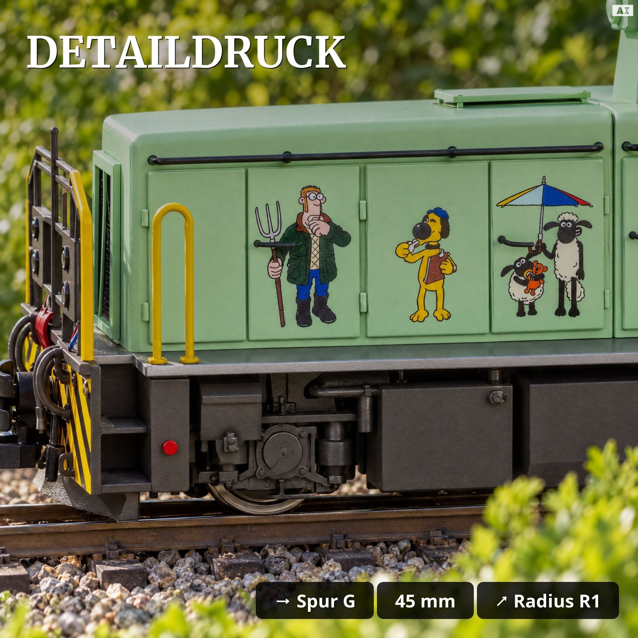 Shaun das Schaf Sonderset - Diesellok digital mit Zimo-Sound & 2 Personenwagen Spur G Train Line 8200296 - Detaildruck