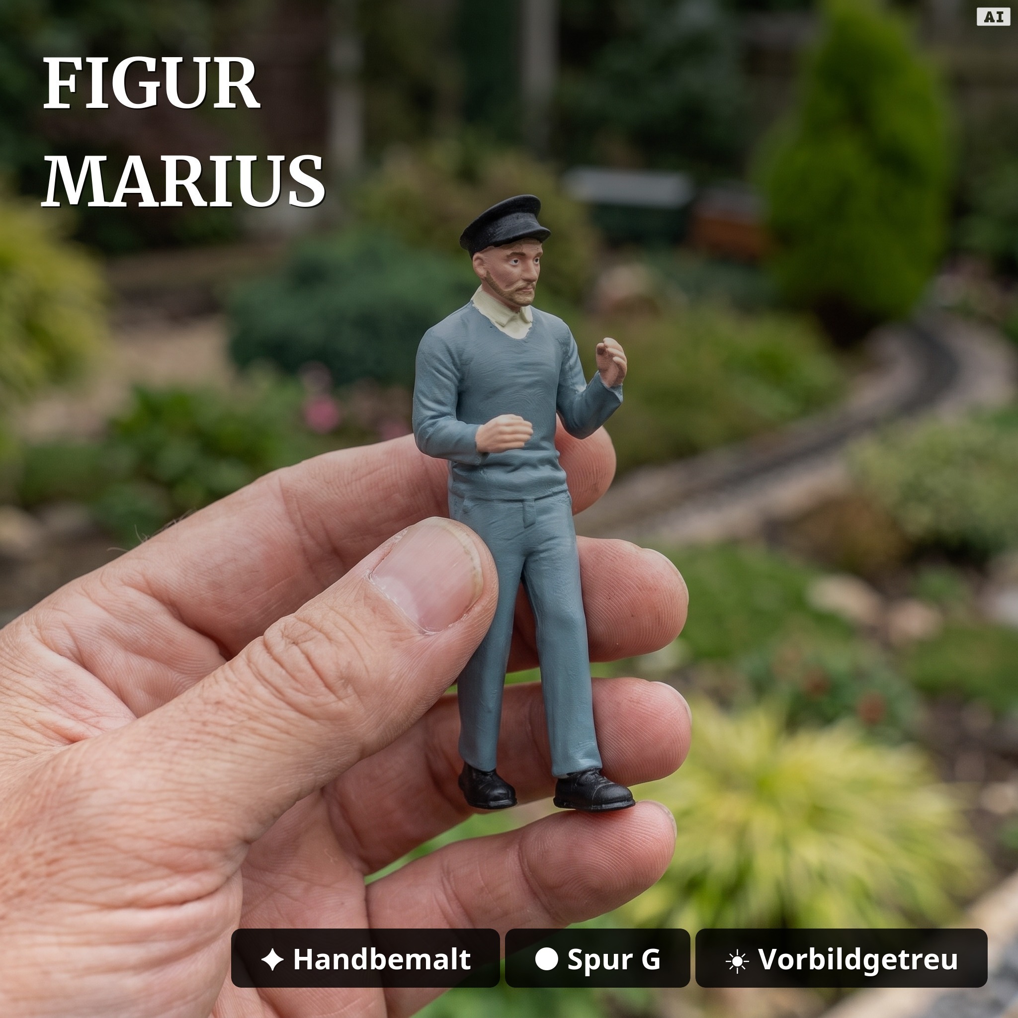 6er-Set Feldbahnwagen Spur G Bausatz mit Figur – 4x Kipplore grau, Lore mit Bremserbühne und Lokführer Marius, ML-Train  - Figur Marius