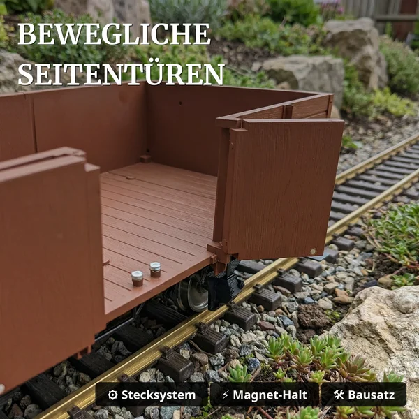 Hochbordwagen braun inkl. Türen mit Magnetverschluss und Edelstahlradsätzen als Spur G Bausatz ML-Train 88900060 - Bewegliche Seitentüren
