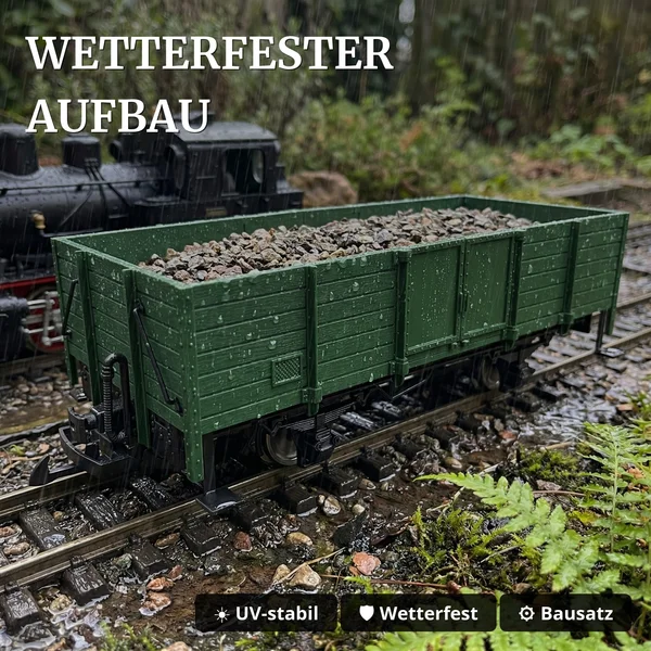 Hochbordwagen grün inkl. Türen mit Magnetverschluss und Edelstahlradsätzen als Spur G Bausatz ML-Train 88900070 - Wetterfester Aufbau