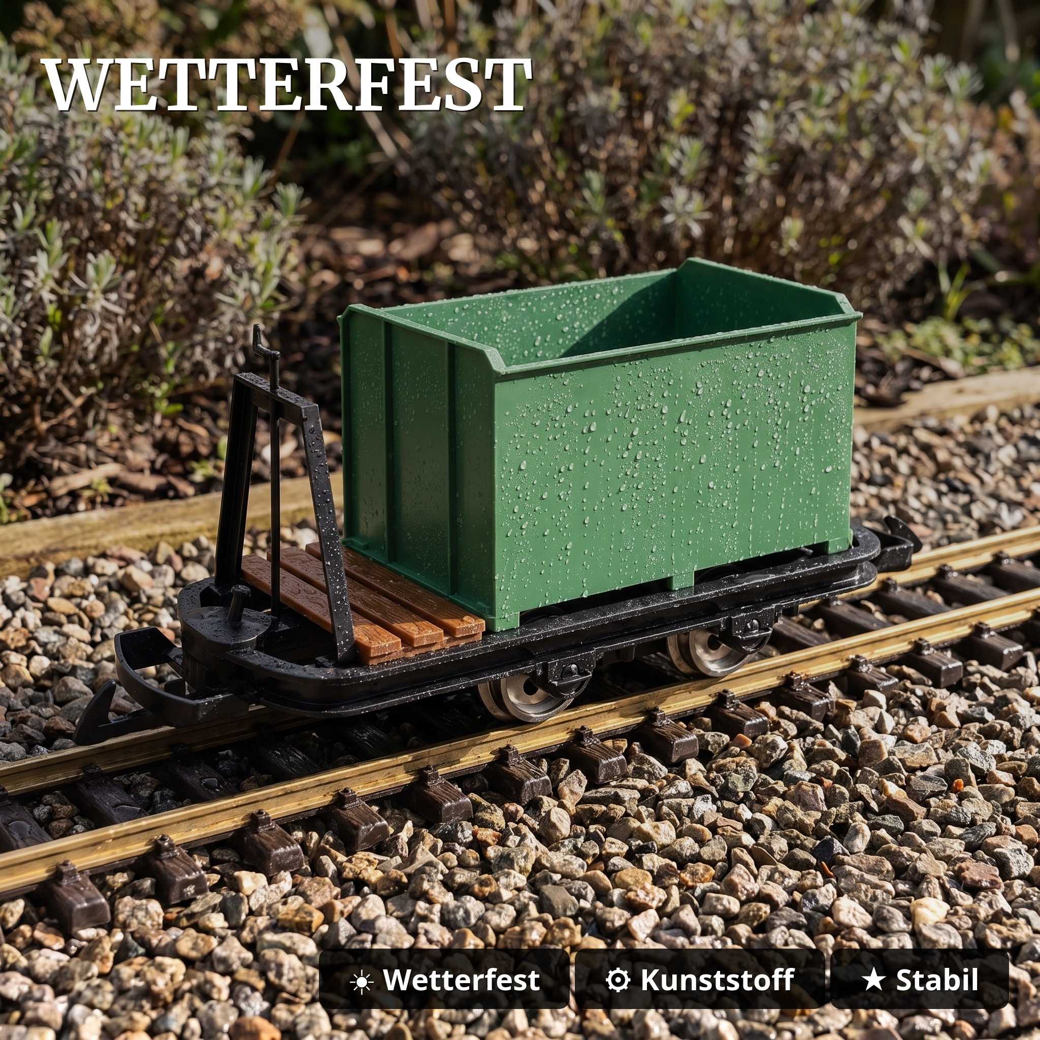 Kastenlore mit Bremserbühne Grubenhunt Feldbahnwagen grün Spur-G Bausatz ML-Train 88919355 - Wetterfest