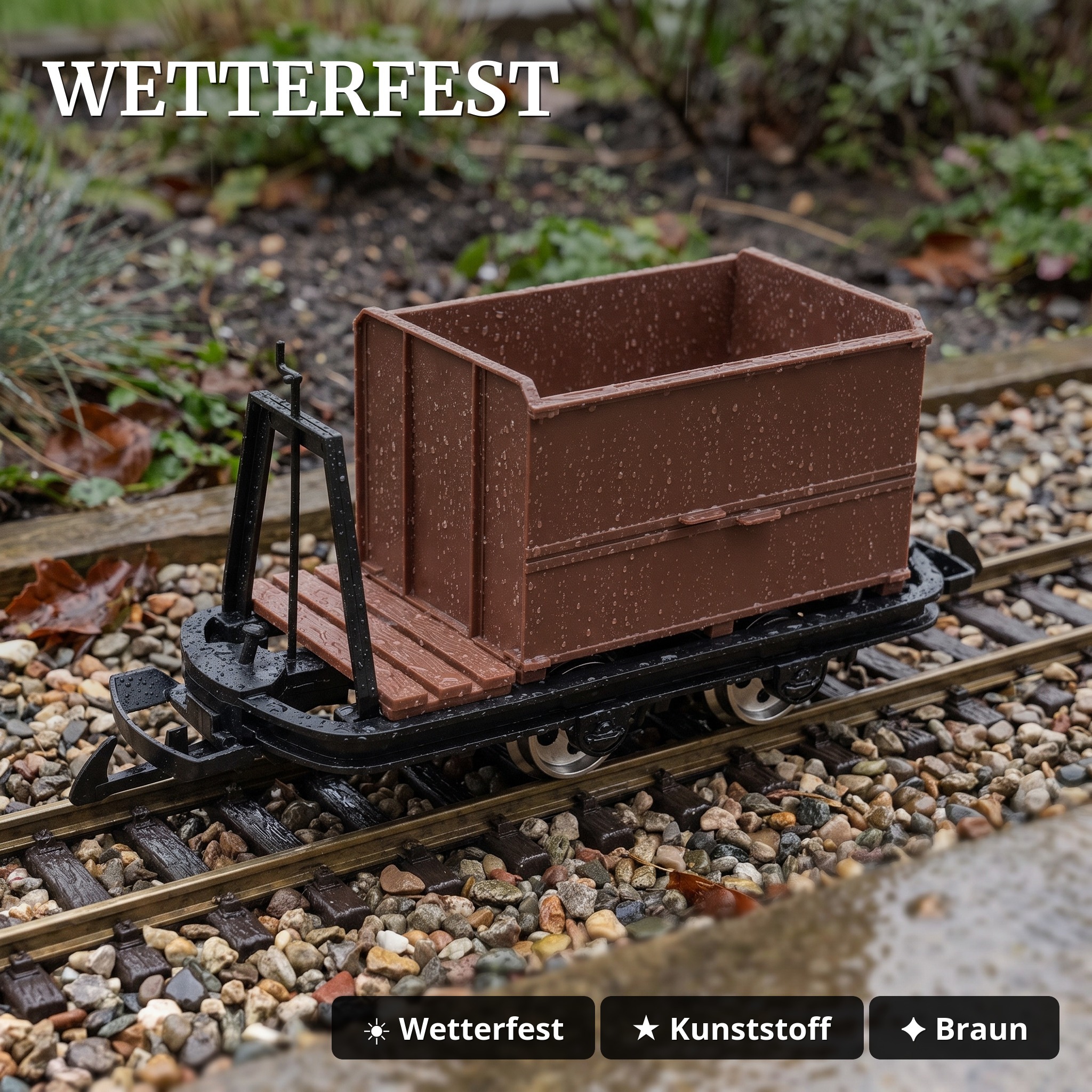 Kastenlore mit Bremserbühne Grubenhunt Feldbahnwagen braun Spur G Bausatz ML-Train 88919365 - Wetterfest