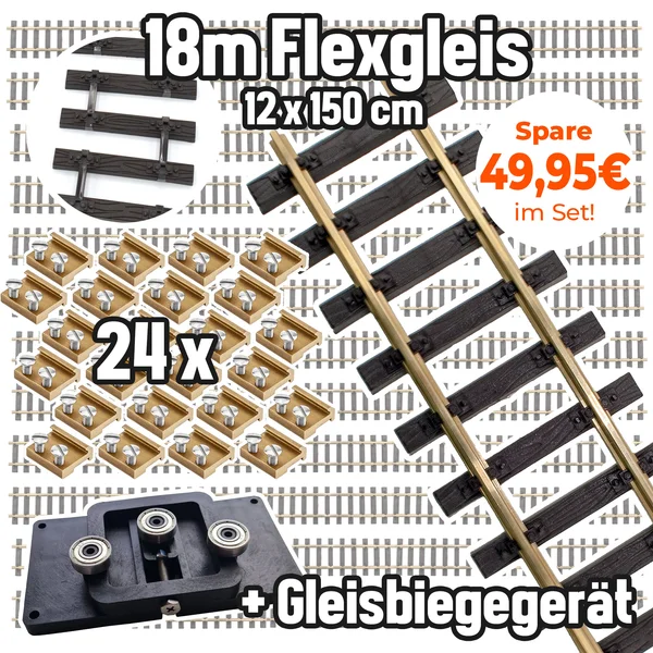 18 Meter Flex-Gleis mit 24 Schraubschienenverbinder + Biegevorrichtung
