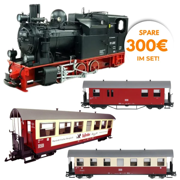 Zugset Pfiffi Lok mit 3 HSB Wagen Harzer Schmalspur-Set