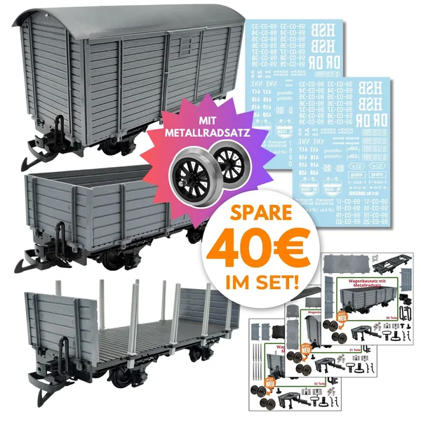 HSB Güterwagen 3er-Set Metallachsen als Bausatz mit Beschriftungsbogen