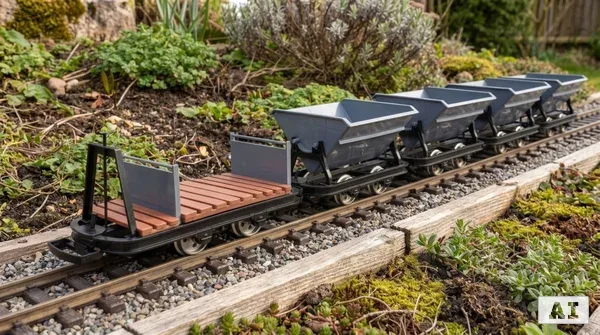 6er-Set Feldbahnwagen Spur G Bausatz mit Figur – 4x Kipplore grau, Lore mit Bremserbühne und Lokführer Marius, ML-Train _auswahl1