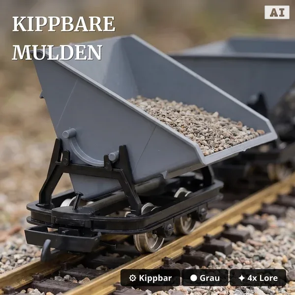 6er-Set Feldbahnwagen Spur G Bausatz mit Figur – 4x Kipplore grau, Lore mit Bremserbühne und Lokführer Marius, ML-Train _auswahl2