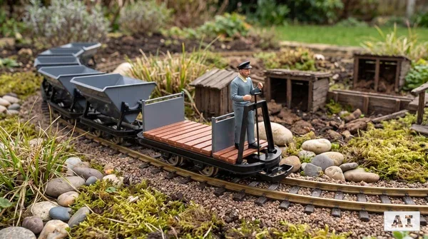 6er-Set Feldbahnwagen Spur G Bausatz mit Figur – 4x Kipplore grau, Lore mit Bremserbühne und Lokführer Marius, ML-Train _auswahl5