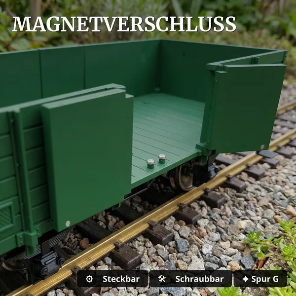Hochbordwagen grün inkl. Türen mit Magnetverschluss und Edelstahlradsätzen als Spur G Bausatz ML-Train 88900070_auswahl4