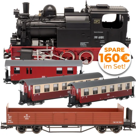 Zugset Pfiffi Lok Harzer Schmalspur-Set 4+1 Gratis Güterwagen DR