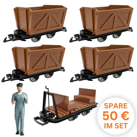 6er-Set Feldbahnwagen mit Lokführer Marius – 4 Torfloren und Mannschaftswagen Spur G Bausatz ML-Train 8200256