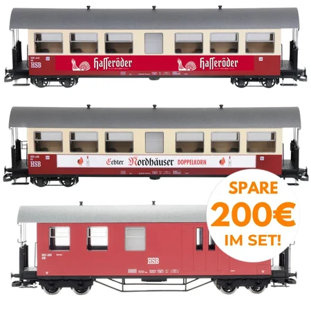 Train Line Werbewagen-Set HSB Spur G – Packwagen mit 2 Personenwagen mit Werbeaufschrift