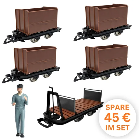 6er-Set Feldbahnwagen mit Figur Feldbahn Lokführer – 4x Kastenlore, 1x Lore mit Bremserbühne, Spur G Bausatz ML-Train 82