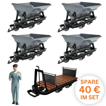 6er-Set Feldbahnwagen Spur G Bausatz mit Figur – 4x Kipplore grau, Lore mit Bremserbühne und Lokführer Marius, ML-Train 