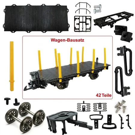 Rungenwagen Bausatz Spur G schwarz/gelb mit Metall-Speichenradsätzen 31 mm – 42 Teile ML-Train 88923570