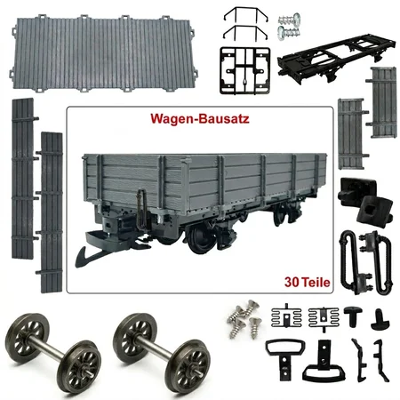 ML-Train Niederbordwagen grau Spur G Bausatz mit Metall-Speichenradsätzen 31 mm – 30 Teile ML-Train 88923590