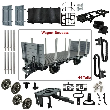 Rungenwagen Bausatz Spur G schwarz/grau mit Metall-Speichenradsätzen 31 mm –44 Teile ML-Train 88923600