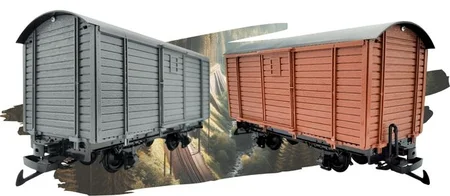 Banner der die neuen gedeckten Güterwagen mit Hintergrund zeigt
