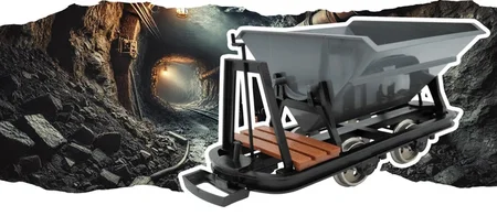Banner Loren mit Bremsbühne mit Mine im Hintergrund