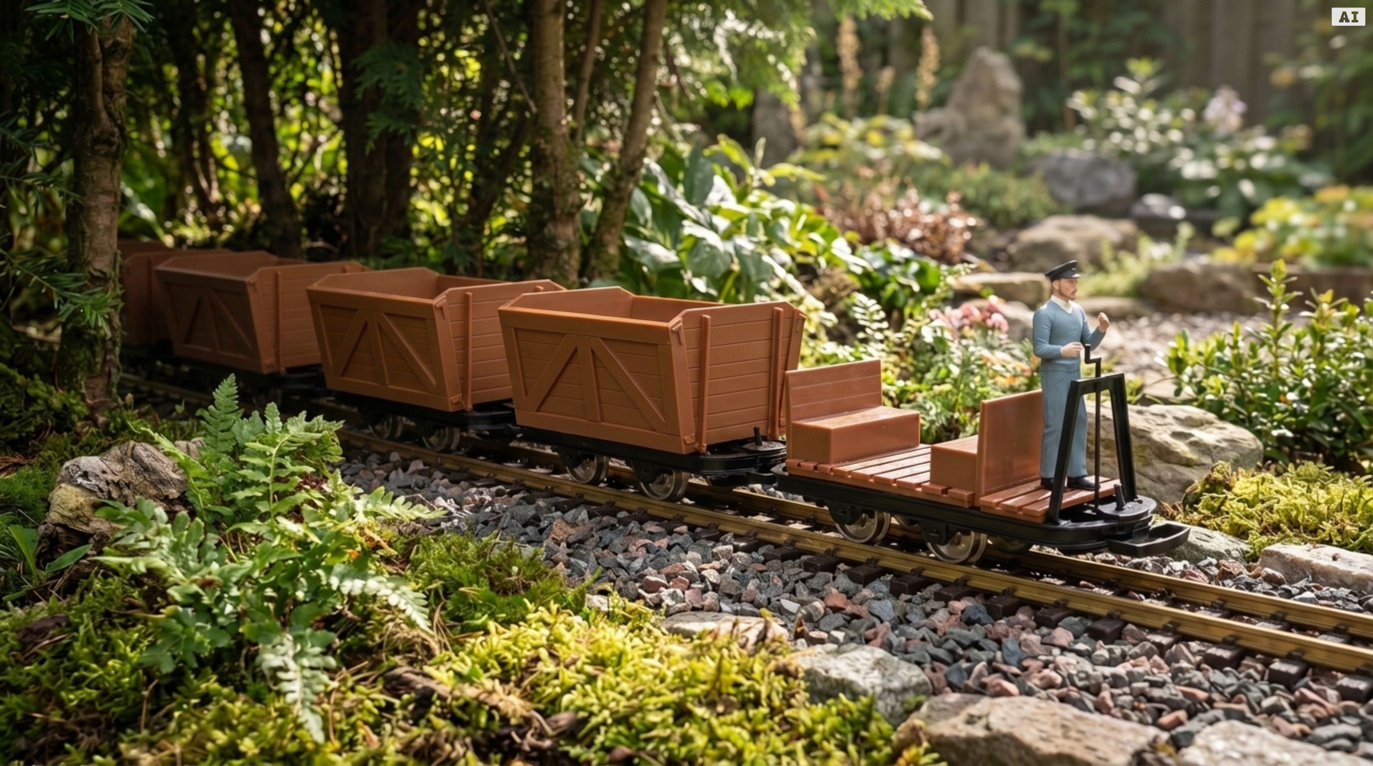6er-Set Feldbahnwagen mit Lokführer Marius – 4 Torfloren und Mannschaftswagen Spur G Bausatz ML-Train 8200256 - Feldbahn im Einsatz