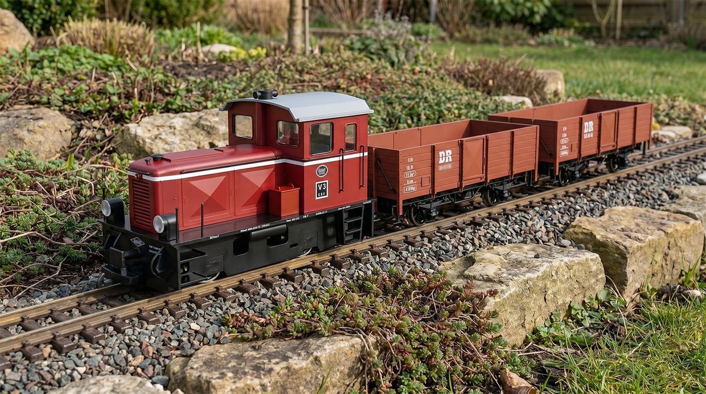 Diesellok DEV V3 Set mit 2 offenen DR-Güterwagen Spur G – 100% Made in Germany Train-Line 8200290 - Detaillierte Übersicht