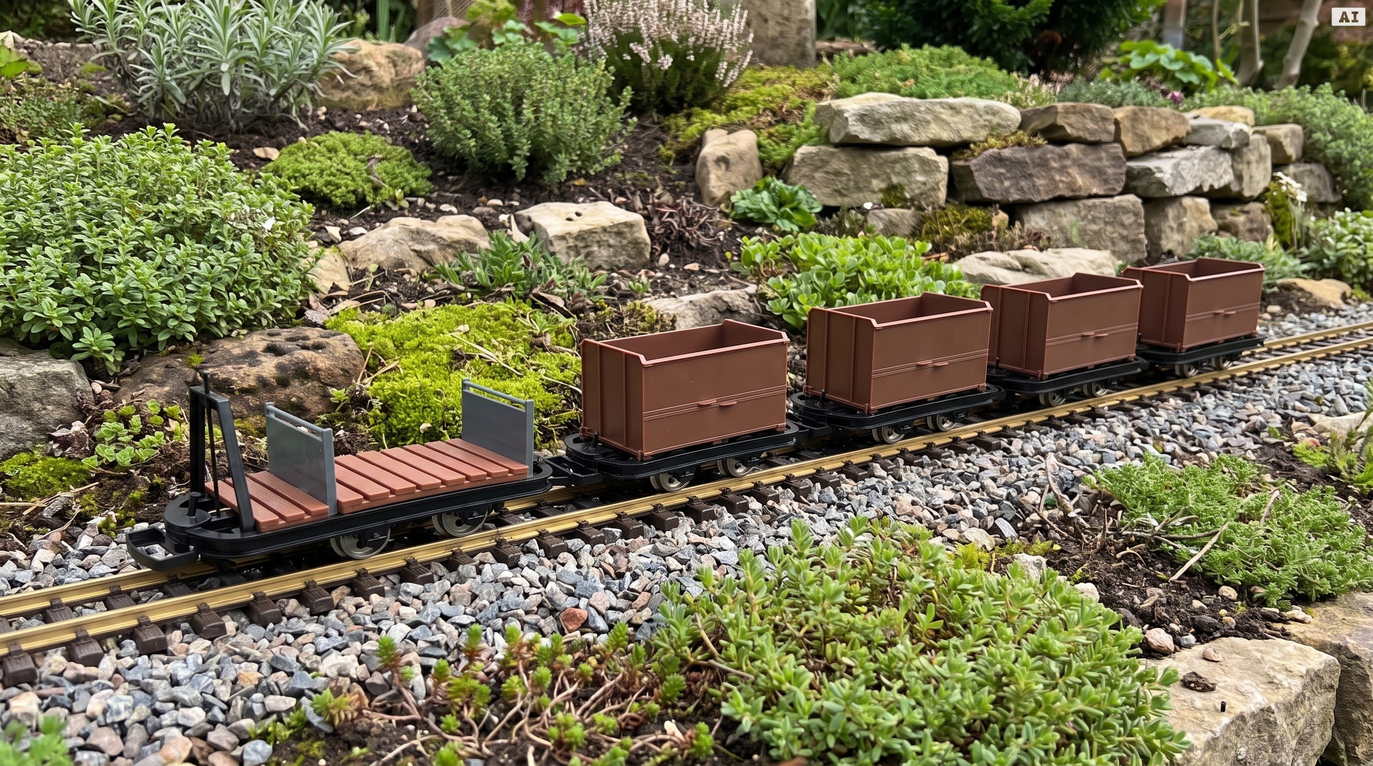 6er-Set Feldbahnwagen mit Figur Feldbahn Lokführer – 4x Kastenlore, 1x Lore mit Bremserbühne, Spur G Bausatz ML-Train 82 - Detaillierte Übersicht