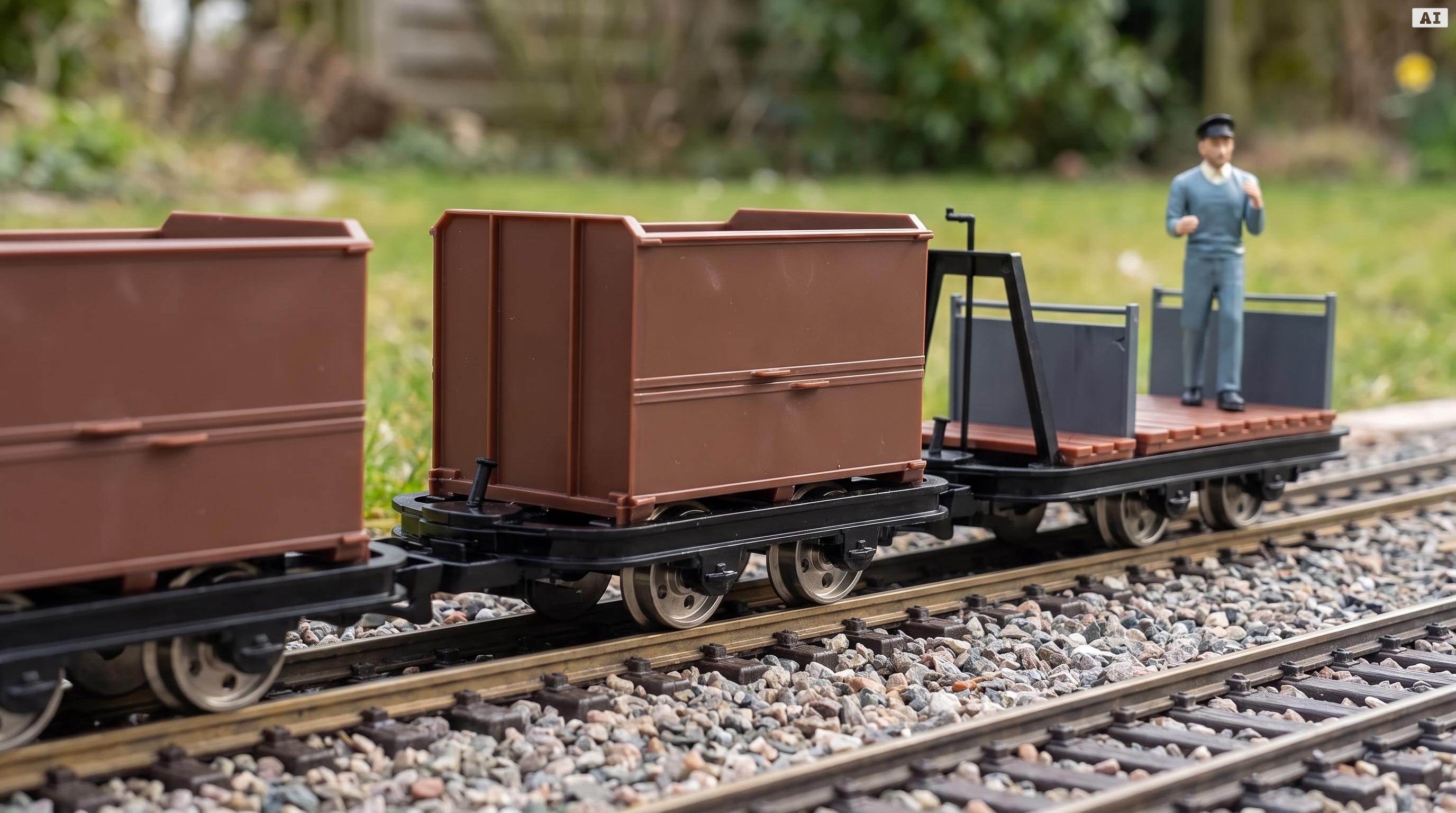 6er-Set Feldbahnwagen mit Figur Feldbahn Lokführer – 4x Kastenlore, 1x Lore mit Bremserbühne, Spur G Bausatz ML-Train 82 - Ihr Zug für die Anlage
