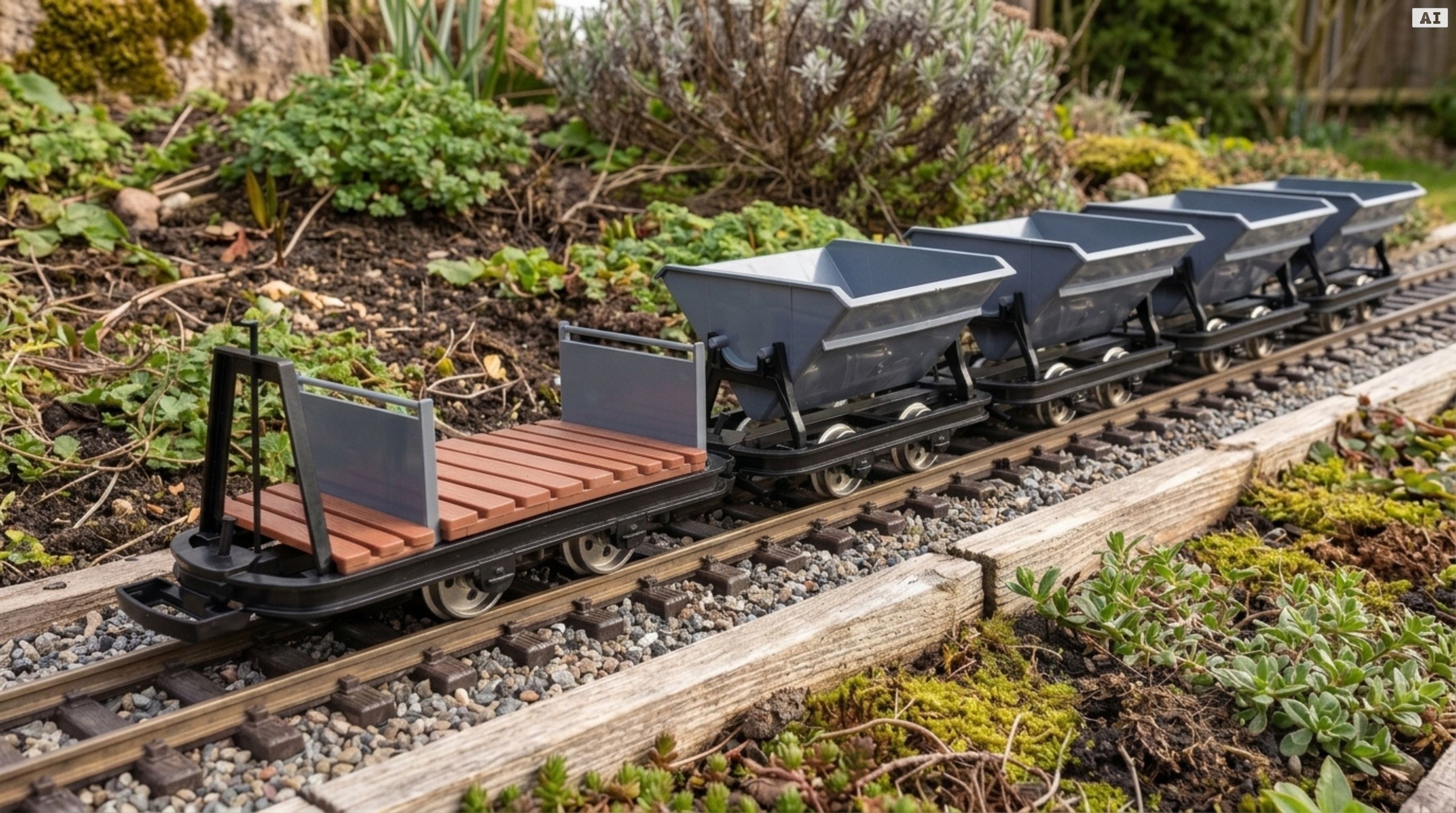 6er-Set Feldbahnwagen Spur G Bausatz mit Figur – 4x Kipplore grau, Lore mit Bremserbühne und Lokführer Marius, ML-Train  - Detaillierte Übersicht