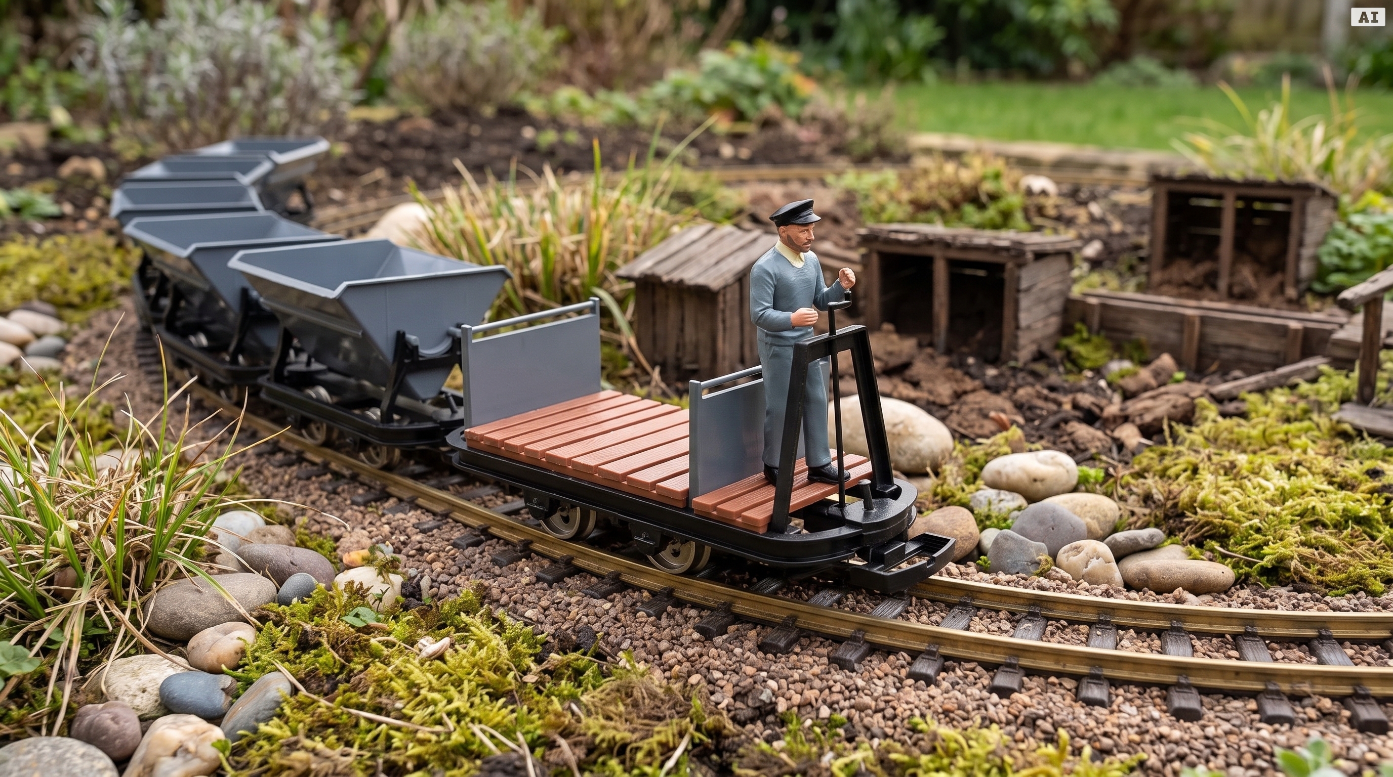 6er-Set Feldbahnwagen Spur G Bausatz mit Figur – 4x Kipplore grau, Lore mit Bremserbühne und Lokführer Marius, ML-Train  - Vom Torfstich zur Gartenbahn