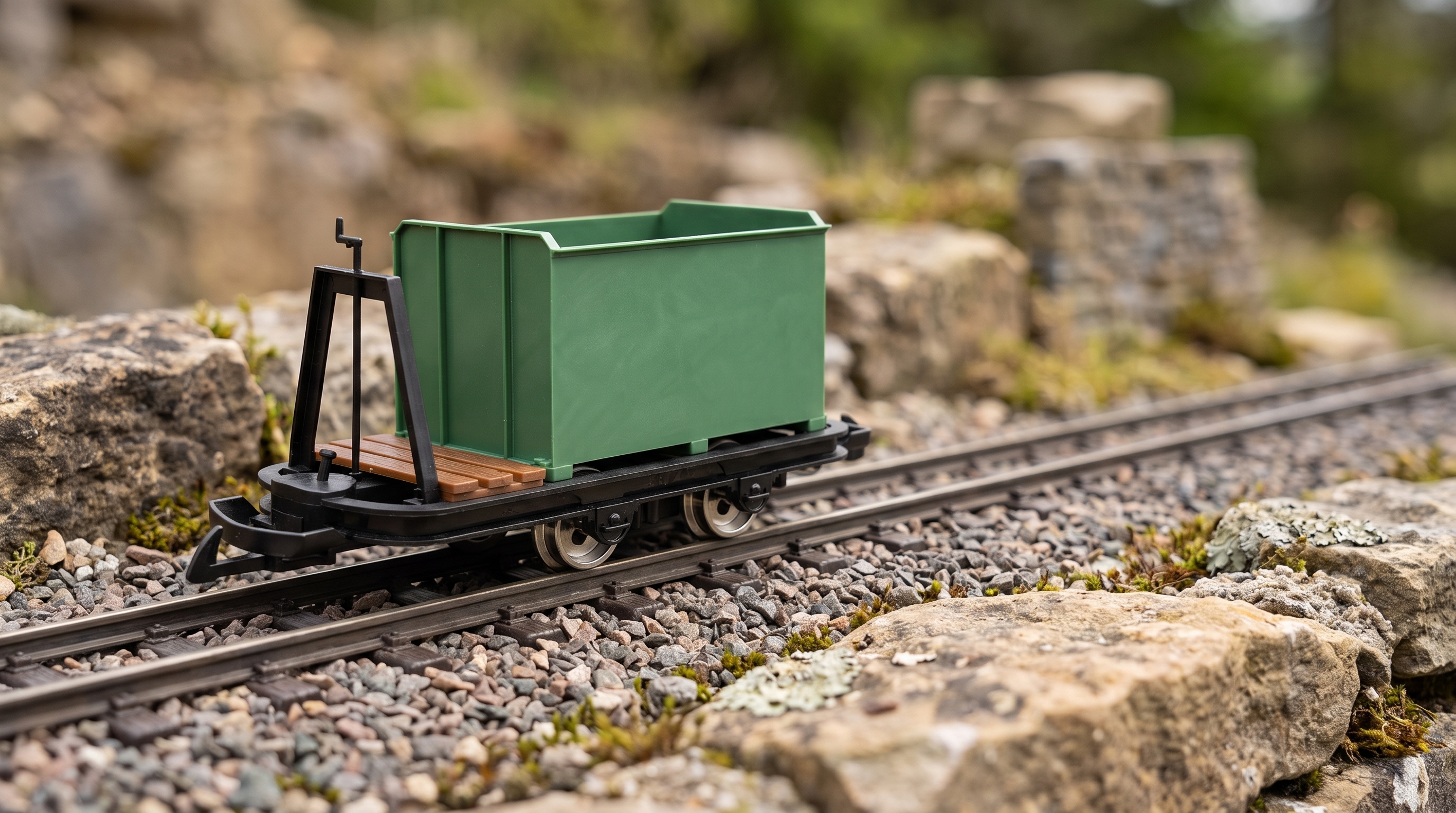 Kastenlore mit Bremserbühne Grubenhunt Feldbahnwagen grün Spur-G Bausatz ML-Train 88919355 - Detaillierte Übersicht