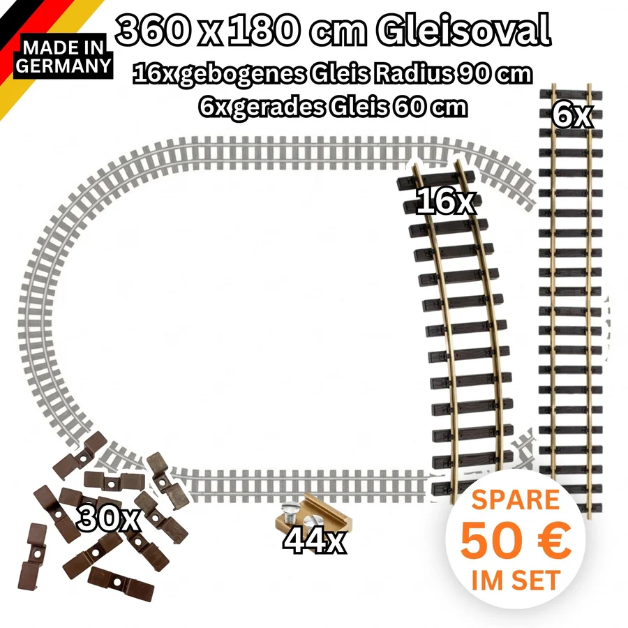 Großes Gleisoval-Set 360x180 cm Messing Radius 90 cm