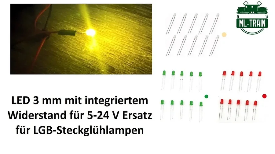 LED 3 mm mit integriertem Widerstand 5-24 V Ersatz für LGB-Steckglühlampen ML-Train (Produktvideo)