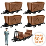 6er-Set Feldbahnwagen mit Lokführer Marius – 4 Torfloren und Mannschaftswagen Spur G Bausatz ML-Train 8200256