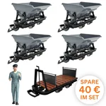 6er-Set Feldbahnwagen Spur G Bausatz mit Figur – 4x Kipplore grau, Lore mit Bremserbühne und Lokführer Marius, ML-Train 